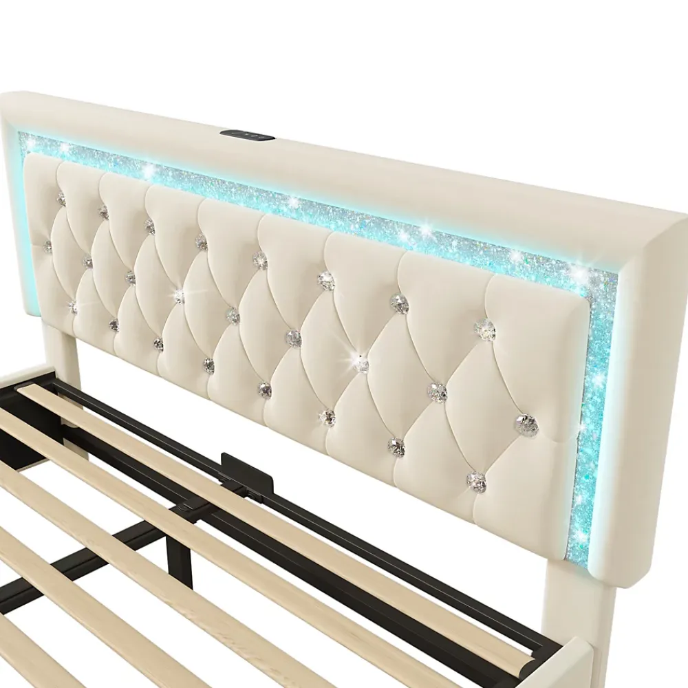 Okwish Lit Coffre Double 140x200 cm - Tête de Lit LED et USB Type-C, Sommier à Lattes, Rangement Hydraulique, Velours Beige, Sans Matelas* Lit Coffre