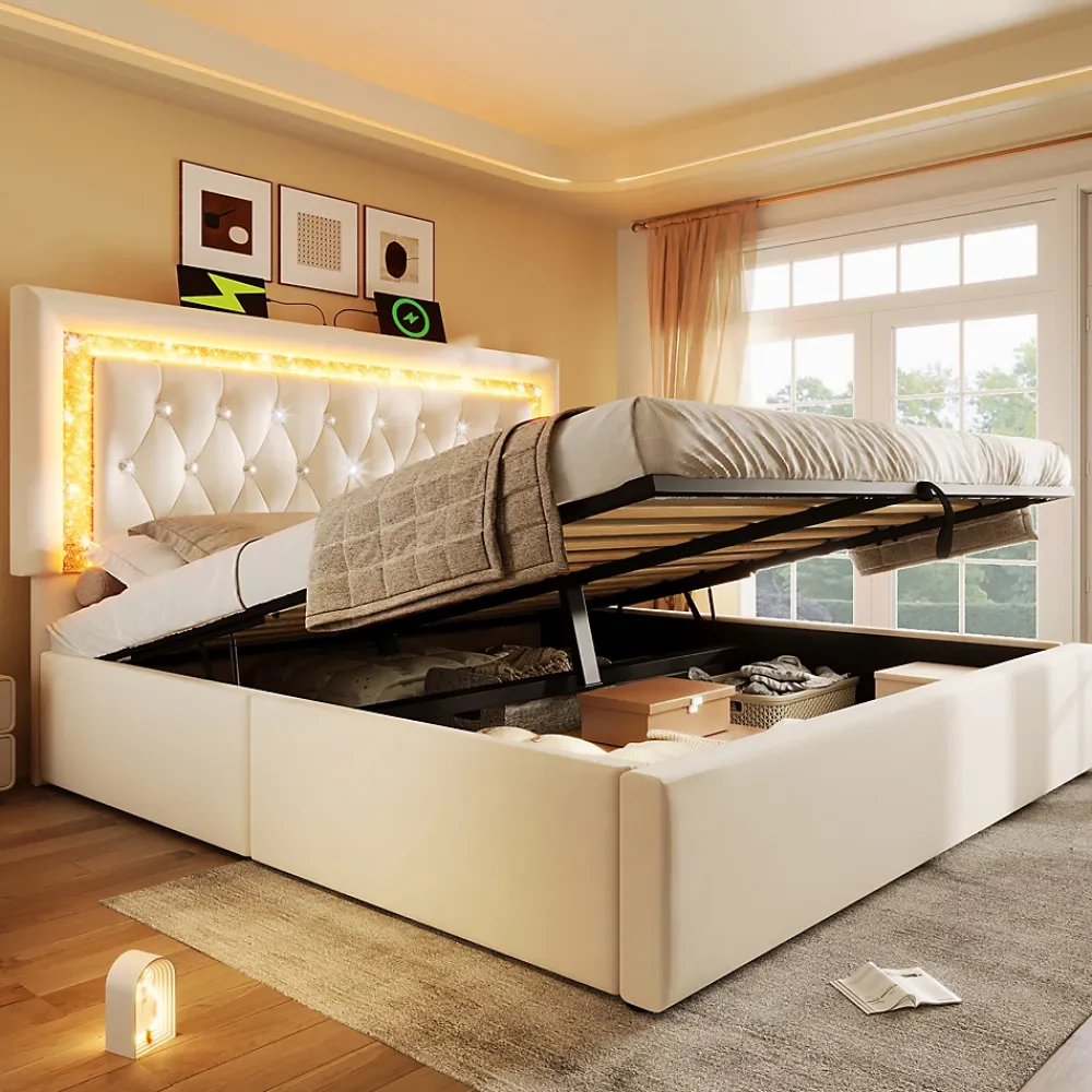Okwish Lit Coffre Double 140x200 cm - Tête de Lit LED et USB Type-C, Sommier à Lattes, Rangement Hydraulique, Velours Beige, Sans Matelas* Lit Coffre