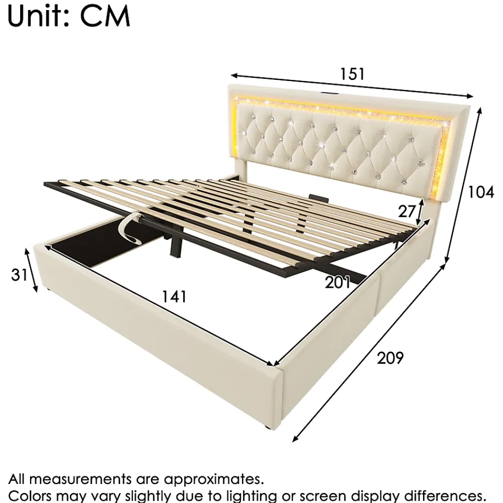 Okwish Lit Coffre Double 140x200 cm - Tête de Lit LED et USB Type-C, Sommier à Lattes, Rangement Hydraulique, Velours Beige, Sans Matelas* Lit Coffre
