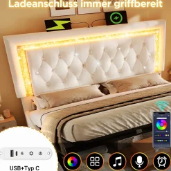 Okwish Lit Coffre Double 140x200 cm - Tête de Lit LED et USB Type-C, Sommier à Lattes, Rangement Hydraulique, Velours Beige, Sans Matelas* Lit Coffre