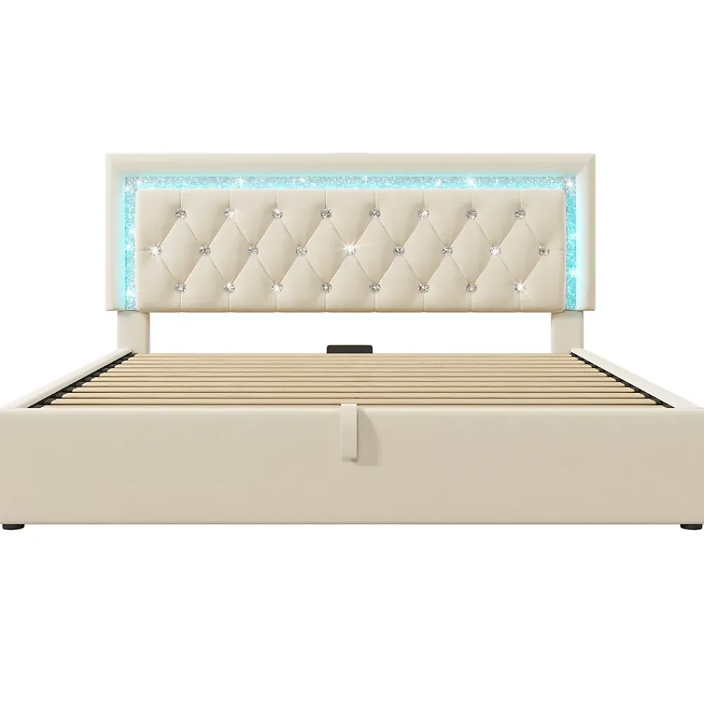 Okwish Lit Coffre Double 140x200 cm - Tête de Lit LED et USB Type-C, Sommier à Lattes, Rangement Hydraulique, Velours Beige, Sans Matelas* Lit Coffre