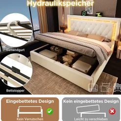 Okwish Lit Coffre Double 140x200 cm - Tête de Lit LED et USB Type-C, Sommier à Lattes, Rangement Hydraulique, Velours Beige, Sans Matelas* Lit Coffre