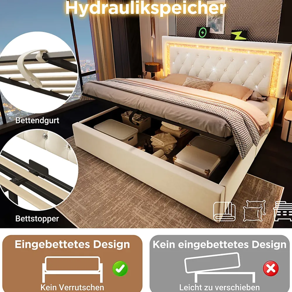 Okwish Lit Coffre Double 140x200 cm - Tête de Lit LED et USB Type-C, Sommier à Lattes, Rangement Hydraulique, Velours Beige, Sans Matelas* Lit Coffre
