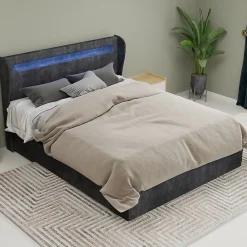 Okwish Lit Coffre Double 140x200 cm Adulte Moderne, Mécanisme à Vérin à Gaz et Rangement, Sans Tête de Lit, Sans Matelas, Velours Gris* Lit Coffre