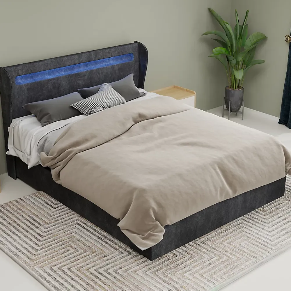 Okwish Lit Coffre Double 140x200 cm Adulte Moderne, Mécanisme à Vérin à Gaz et Rangement, Sans Tête de Lit, Sans Matelas, Velours Gris* Lit Coffre
