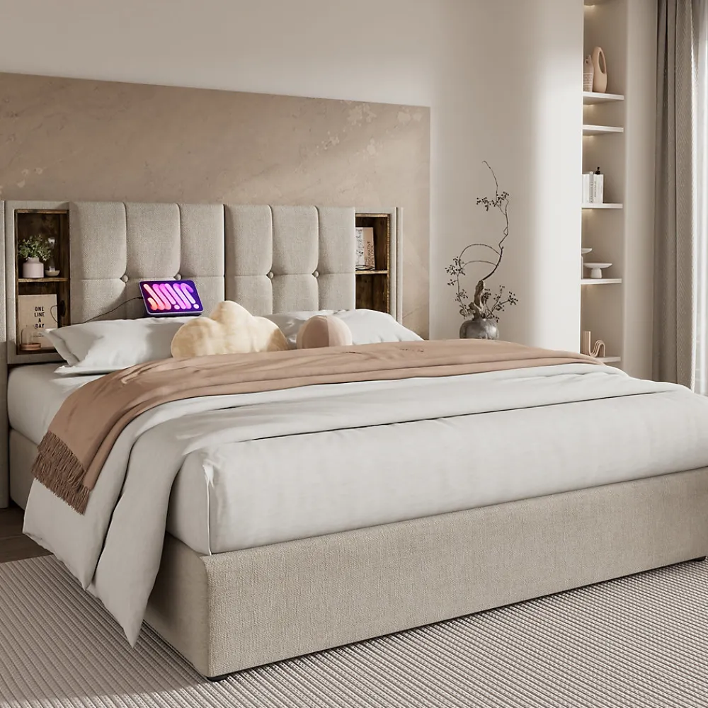 Lit Coffre Double 140x200 cm avec LED et Port USB, Lit Rembourré Moderne avec Coffre Hydraulique - Lin Naturel - Sans Matelas>Okwish Online