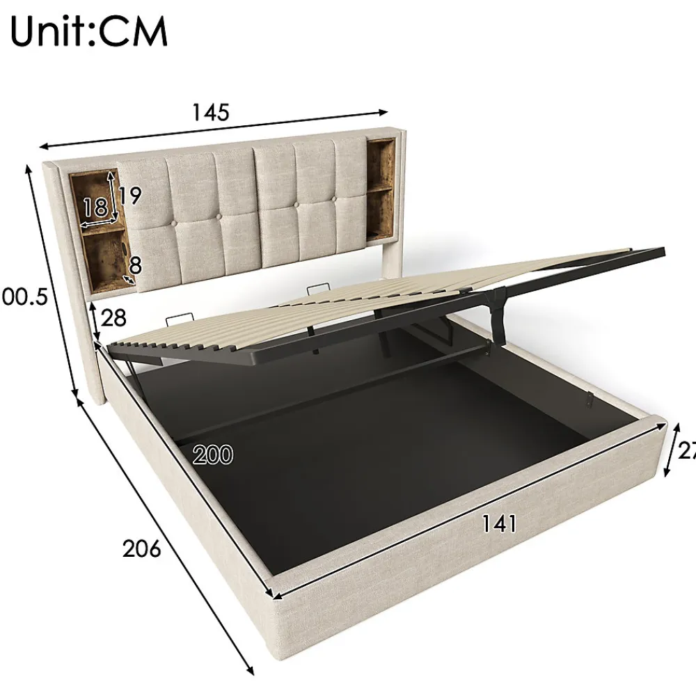 Lit Coffre Double 140x200 cm avec LED et Port USB, Lit Rembourré Moderne avec Coffre Hydraulique - Lin Naturel - Sans Matelas>Okwish Online