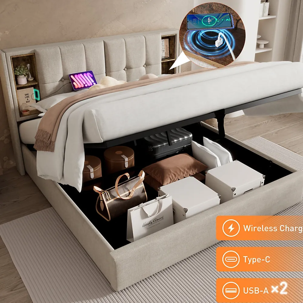 Lit Coffre Double 140x200 cm avec LED et Port USB, Lit Rembourré Moderne avec Coffre Hydraulique - Lin Naturel - Sans Matelas>Okwish Online