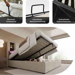 Lit Coffre Double 140x200 cm avec LED et Port USB, Lit Rembourré Moderne avec Coffre Hydraulique - Lin Naturel - Sans Matelas><noscript><img width=