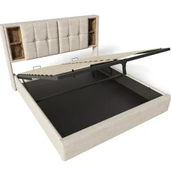 Lit Coffre Double 140x200 cm avec LED et Port USB, Lit Rembourré Moderne avec Coffre Hydraulique - Lin Naturel - Sans Matelas><noscript><img width=