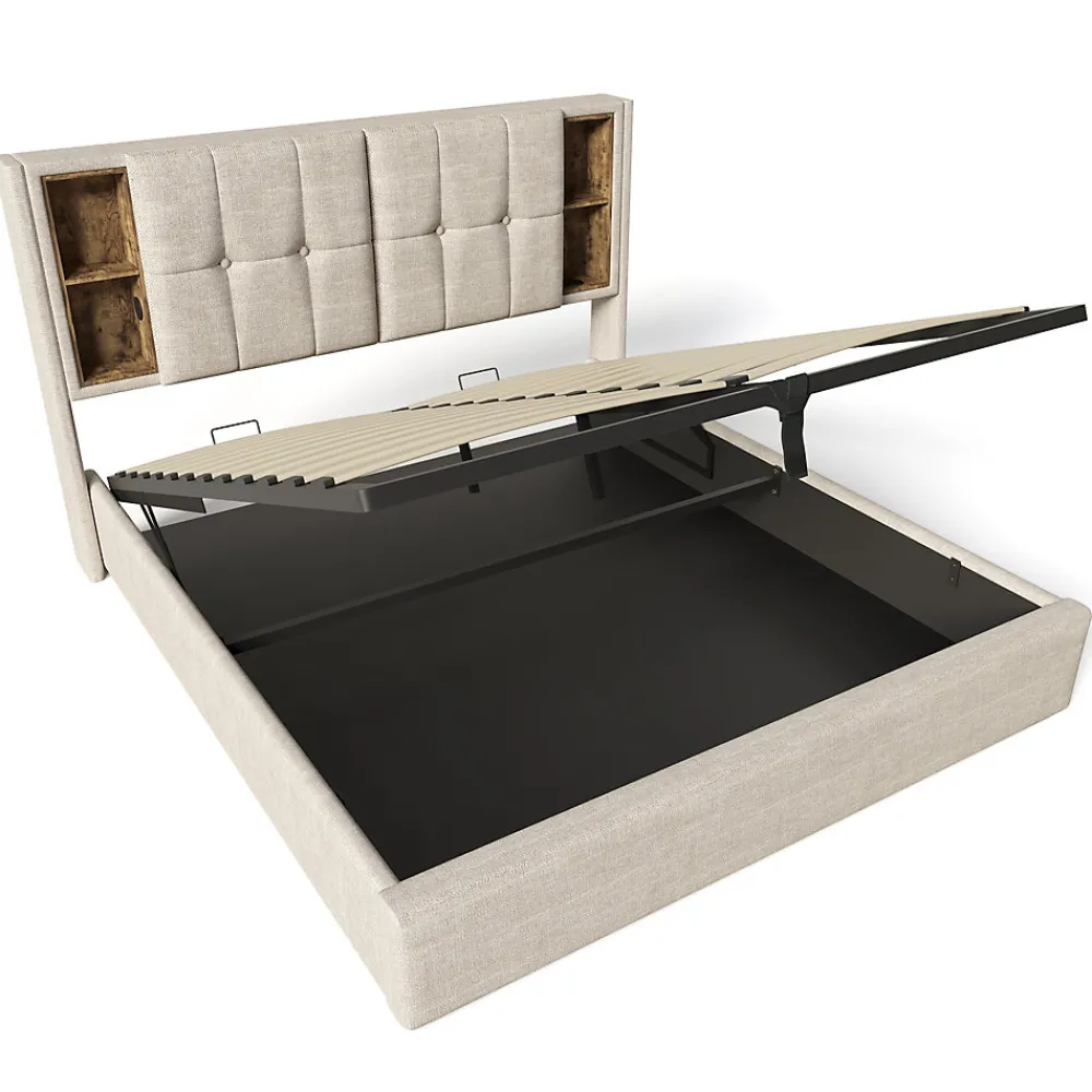 Lit Coffre Double 140x200 cm avec LED et Port USB, Lit Rembourré Moderne avec Coffre Hydraulique - Lin Naturel - Sans Matelas>Okwish Online