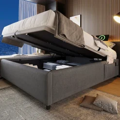 Lit Coffre Double 160x200 cm avec Coffre de Rangement et Port USB-C, Cadre Bois Massif et Coton Gris, Sans Matelas><noscript><img width=