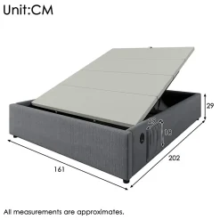 Lit Coffre Double 160x200 cm avec Coffre de Rangement et Port USB-C, Cadre Bois Massif et Coton Gris, Sans Matelas><noscript><img width=