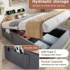 Lit Coffre Double 160x200 cm avec Coffre de Rangement et Port USB-C, Cadre Bois Massif et Coton Gris, Sans Matelas><noscript><img width=