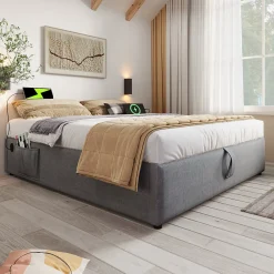 Lit Coffre Double 160x200 cm avec Coffre de Rangement et Port USB-C, Cadre Bois Massif et Coton Gris, Sans Matelas><noscript><img width=