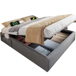 Lit Coffre Double 160x200 cm avec Coffre de Rangement et Port USB-C, Cadre Bois Massif et Coton Gris, Sans Matelas><noscript><img width=