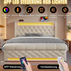Okwish Lit Coffre Double 140x200 cm avec LED et Ports USB Type-C - Tête de Lit avec Rangement - Velours Beige - Matelas Inclus* Ensemble Sommier Et Matelas