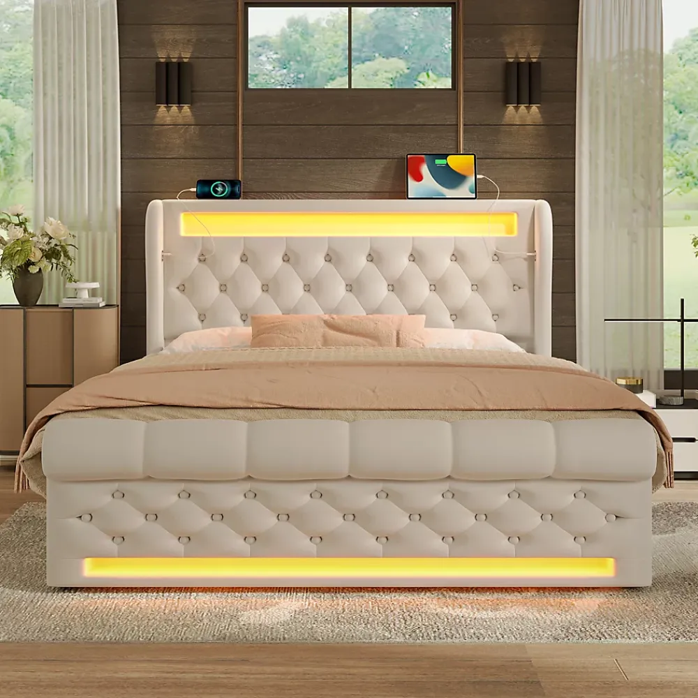 Okwish Lit Coffre Double 140x200 cm avec LED et Ports USB Type-C - Tête de Lit avec Rangement - Velours Beige - Matelas Inclus* Ensemble Sommier Et Matelas