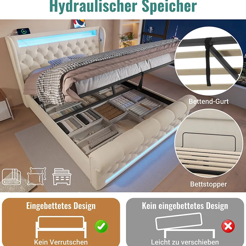Okwish Lit Coffre Double 140x200 cm avec LED et Ports USB Type-C - Tête de Lit avec Rangement - Velours Beige - Matelas Inclus* Ensemble Sommier Et Matelas