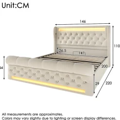 Okwish Lit Coffre Double 140x200 cm avec LED et Ports USB Type-C - Tête de Lit avec Rangement - Velours Beige - Matelas Inclus* Ensemble Sommier Et Matelas