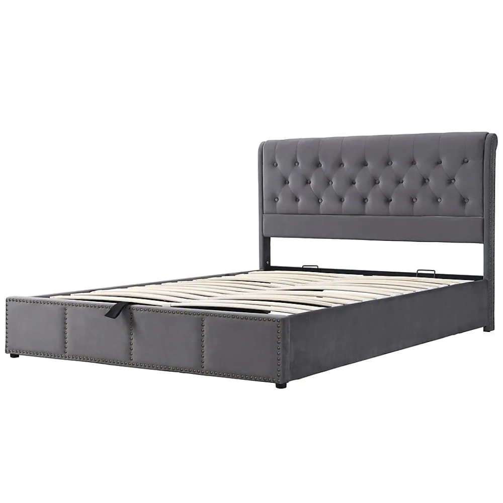 Lit Coffre Double 140x190 cm avec Système Hydraulique, Lit Capitonné en Velours, Gris - Sans Matelas>Okwish Online