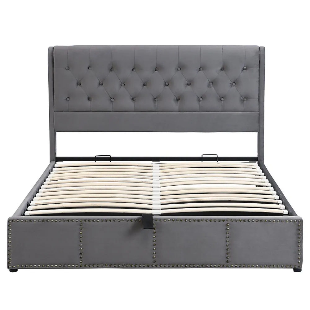 Lit Coffre Double 140x190 cm avec Système Hydraulique, Lit Capitonné en Velours, Gris - Sans Matelas>Okwish Online