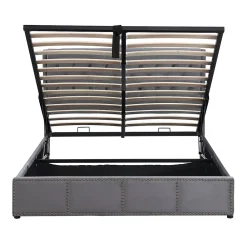 Lit Coffre Double 140x190 cm avec Système Hydraulique, Lit Capitonné en Velours, Gris - Sans Matelas><noscript><img width=