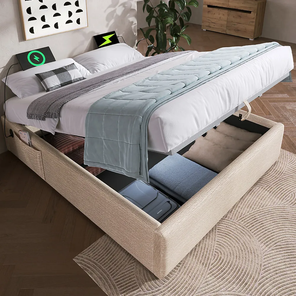 Okwish Lit Coffre Double 160x200 cm avec Rangement Intégré et Port USB-C, Cadre Bois et Lin Beige, Sans Matelas* Lit Coffre