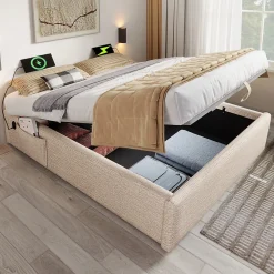 Okwish Lit Coffre Double 160x200 cm avec Rangement Intégré et Port USB-C, Cadre Bois et Lin Beige, Sans Matelas* Lit Coffre