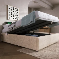 Okwish Lit Coffre Double 160x200 cm avec Rangement Intégré et Port USB-C, Cadre Bois et Lin Beige, Sans Matelas* Lit Coffre