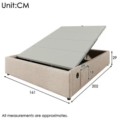 Okwish Lit Coffre Double 160x200 cm avec Rangement Intégré et Port USB-C, Cadre Bois et Lin Beige, Sans Matelas* Lit Coffre