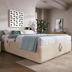 Okwish Lit Coffre Double 160x200 cm avec Rangement Intégré et Port USB-C, Cadre Bois et Lin Beige, Sans Matelas* Lit Coffre