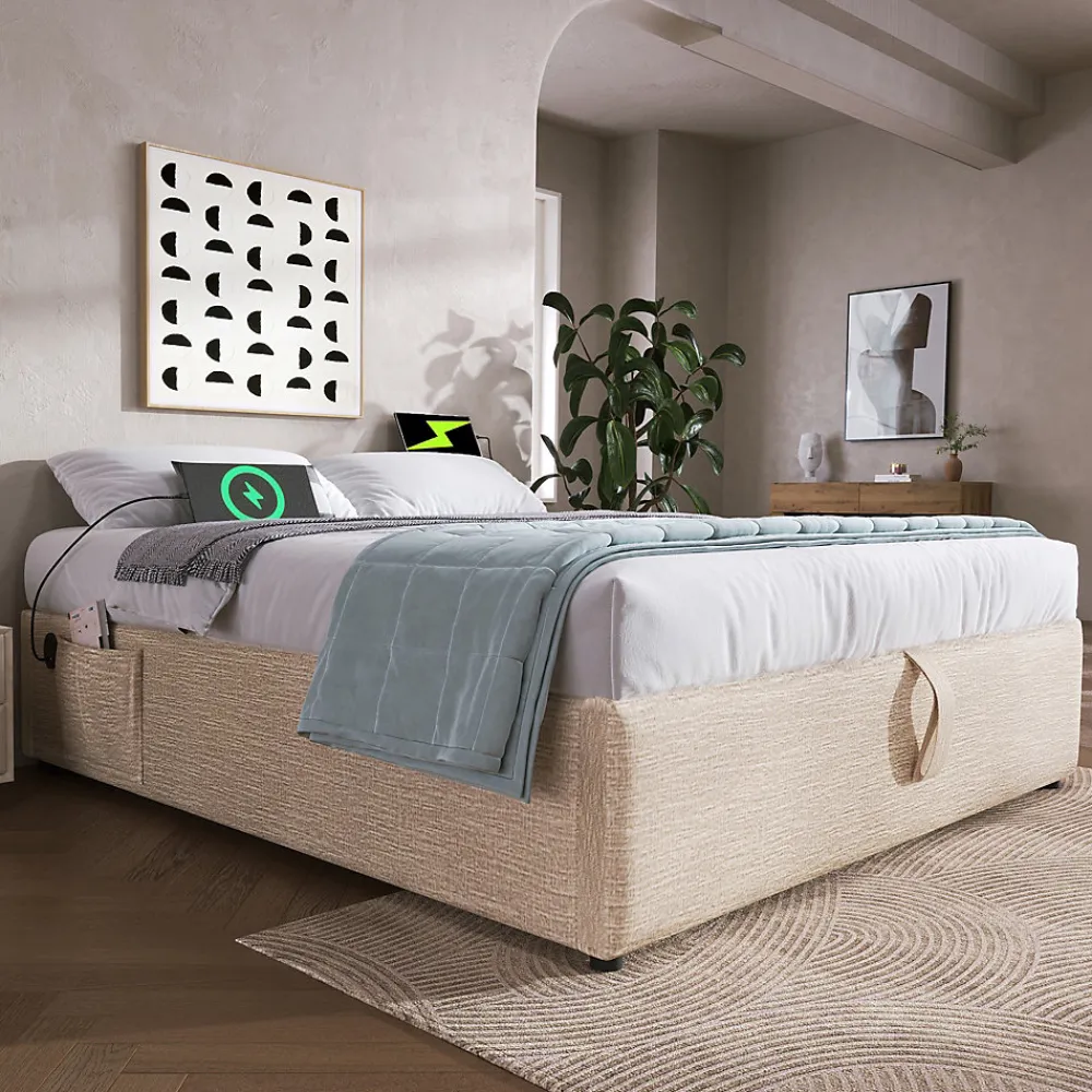 Okwish Lit Coffre Double 160x200 cm avec Rangement Intégré et Port USB-C, Cadre Bois et Lin Beige, Sans Matelas* Lit Coffre