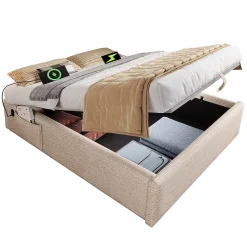 Okwish Lit Coffre Double 160x200 cm avec Rangement Intégré et Port USB-C, Cadre Bois et Lin Beige, Sans Matelas* Lit Coffre