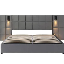 Okwish Lit Coffre Double 160x200 cm avec Lampe Directionnelle et Port USB, Lit Capitonné en Velours, Gris - Sans Matelas* Lit Coffre