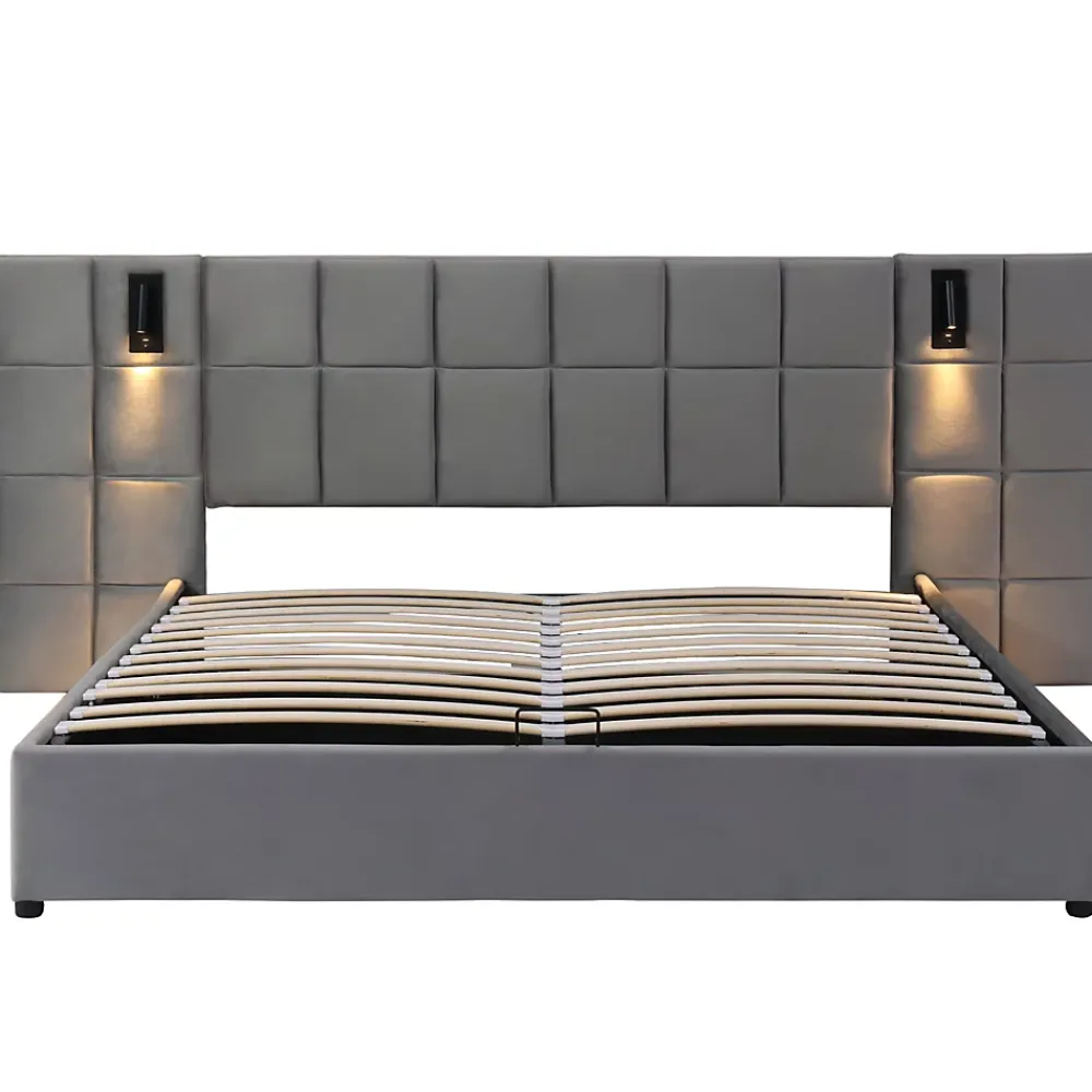 Okwish Lit Coffre Double 160x200 cm avec Lampe Directionnelle et Port USB, Lit Capitonné en Velours, Gris - Sans Matelas* Lit Coffre