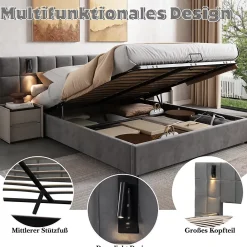 Okwish Lit Coffre Double 160x200 cm avec Lampe Directionnelle et Port USB, Lit Capitonné en Velours, Gris - Sans Matelas* Lit Coffre