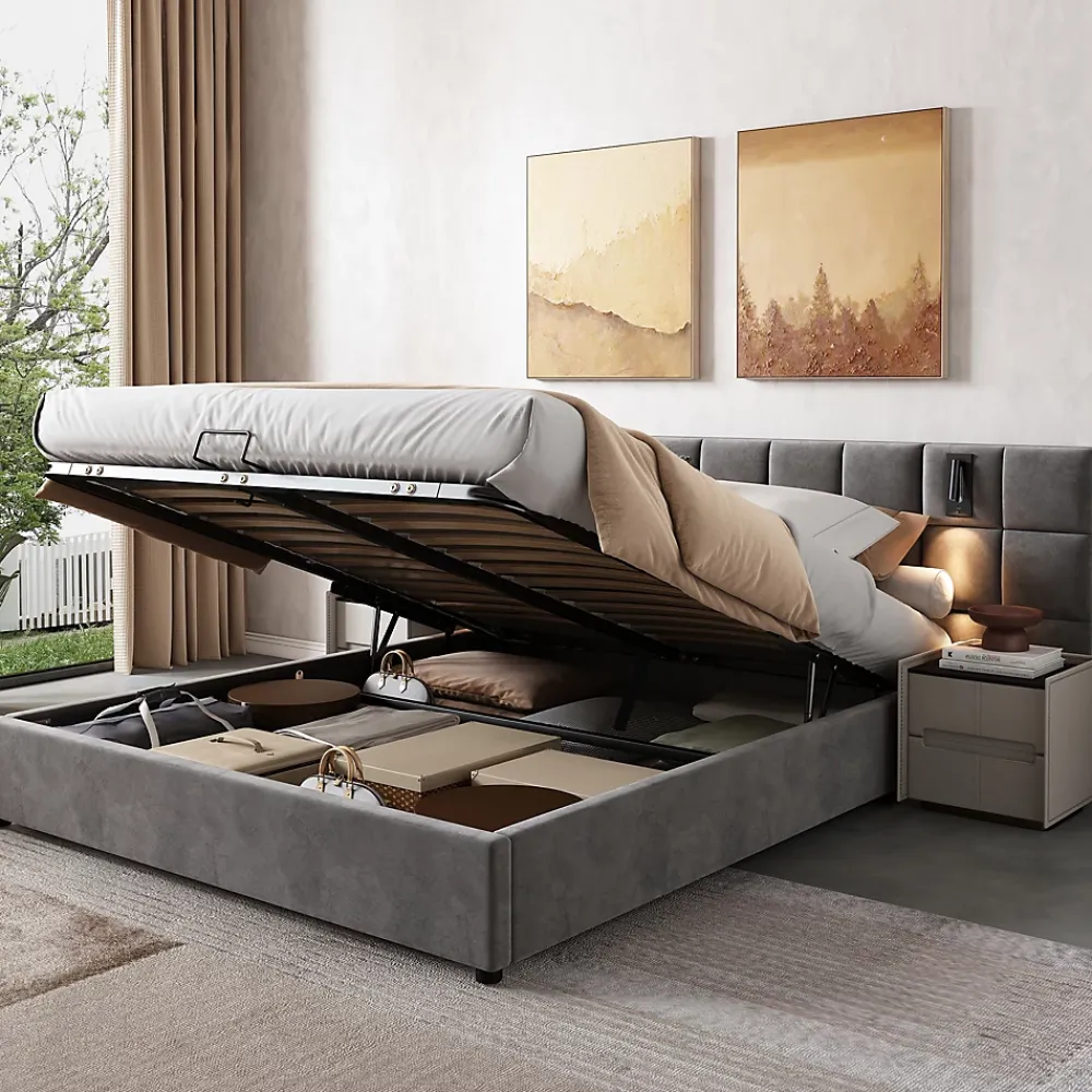 Okwish Lit Coffre Double 160x200 cm avec Lampe Directionnelle et Port USB, Lit Capitonné en Velours, Gris - Sans Matelas* Lit Coffre