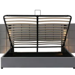 Okwish Lit Coffre Double 160x200 cm avec Lampe Directionnelle et Port USB, Lit Capitonné en Velours, Gris - Sans Matelas* Lit Coffre