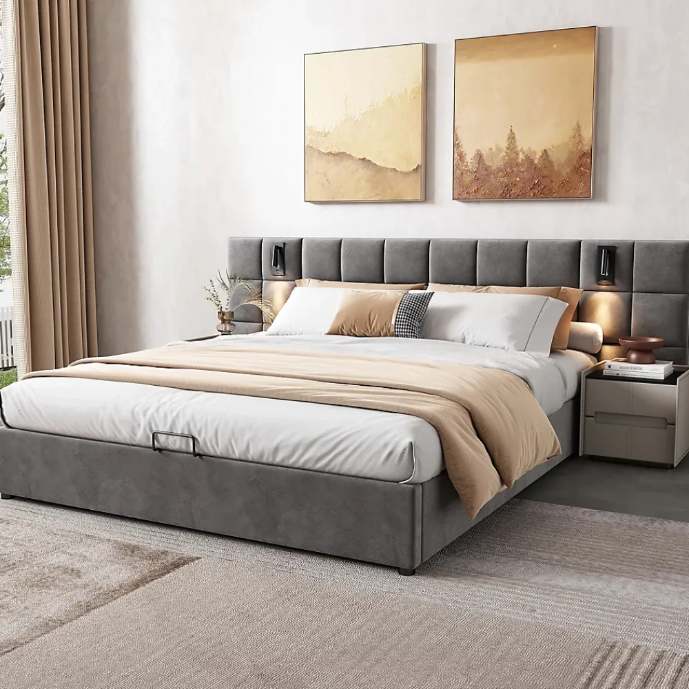 Okwish Lit Coffre Double 160x200 cm avec Lampe Directionnelle et Port USB, Lit Capitonné en Velours, Gris - Sans Matelas* Lit Coffre