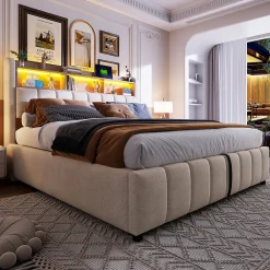 Lit Coffre Double 180x200 cm Capitonné avec Rangement Hydraulique et Tête de Lit LED - Tissu Lin Beige>Okwish Online