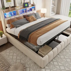 Lit Coffre Double 180x200 cm Capitonné avec Rangement Hydraulique et Tête de Lit LED - Tissu Lin Beige><noscript><img width=