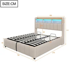 Lit Coffre Double 180x200 cm Capitonné avec Rangement Hydraulique et Tête de Lit LED - Tissu Lin Beige><noscript><img width=