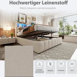 Lit Coffre Double 180x200 cm Capitonné avec Rangement Hydraulique et Tête de Lit LED - Tissu Lin Beige><noscript><img width=