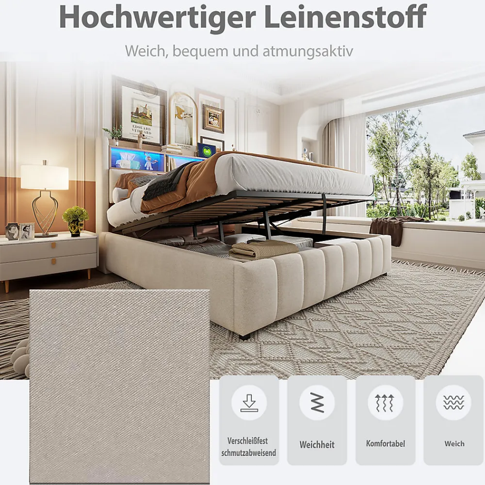 Lit Coffre Double 180x200 cm Capitonné avec Rangement Hydraulique et Tête de Lit LED - Tissu Lin Beige>Okwish Online
