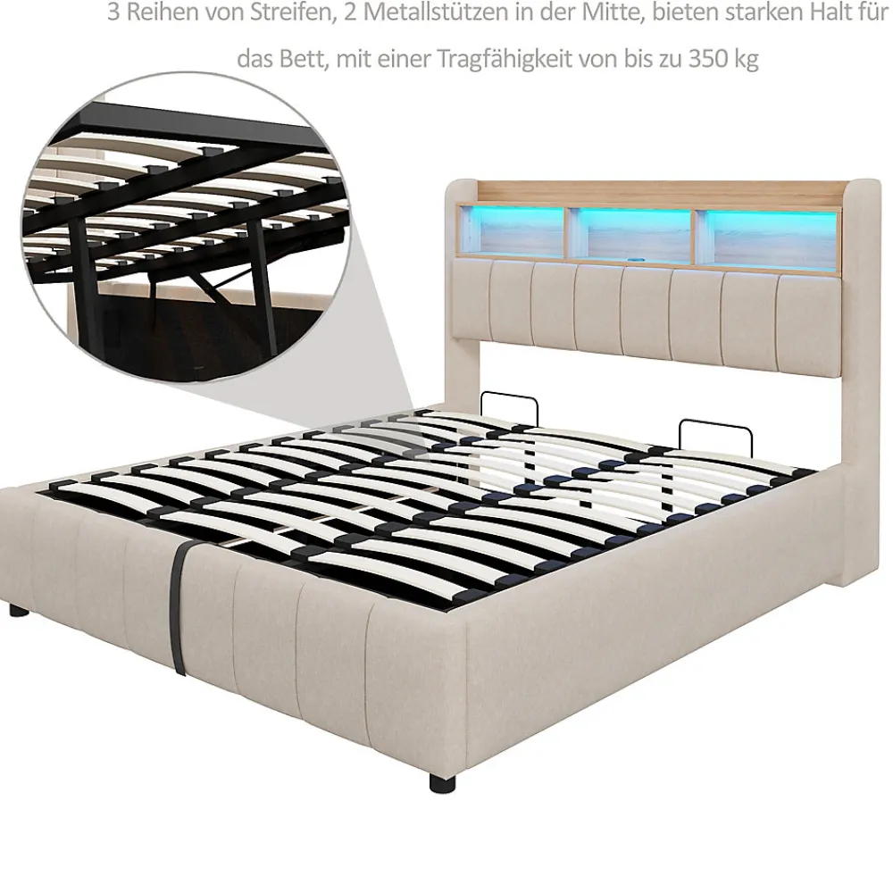 Lit Coffre Double 180x200 cm Capitonné avec Rangement Hydraulique et Tête de Lit LED - Tissu Lin Beige>Okwish Online