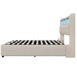 Lit Coffre Double 180x200 cm Capitonné avec Rangement Hydraulique et Tête de Lit LED - Tissu Lin Beige><noscript><img width=
