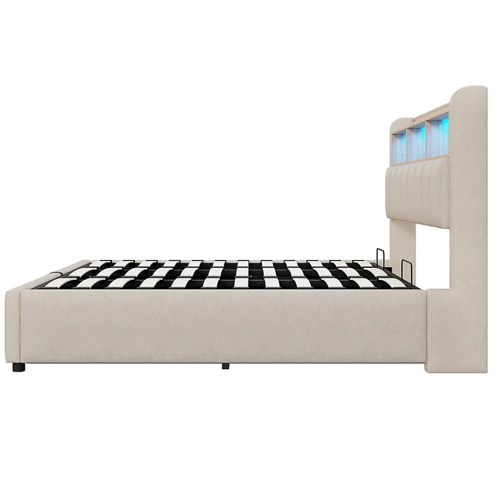 Lit Coffre Double 180x200 cm Capitonné avec Rangement Hydraulique et Tête de Lit LED - Tissu Lin Beige>Okwish Online