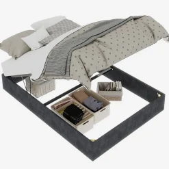 Lit Coffre Double 140x200 cm, Lit Adulte et Ado avec Vérins Hydrauliques et Coffre Intégré, Velours Hollandais Gris, Sans Matelas><noscript><img width=