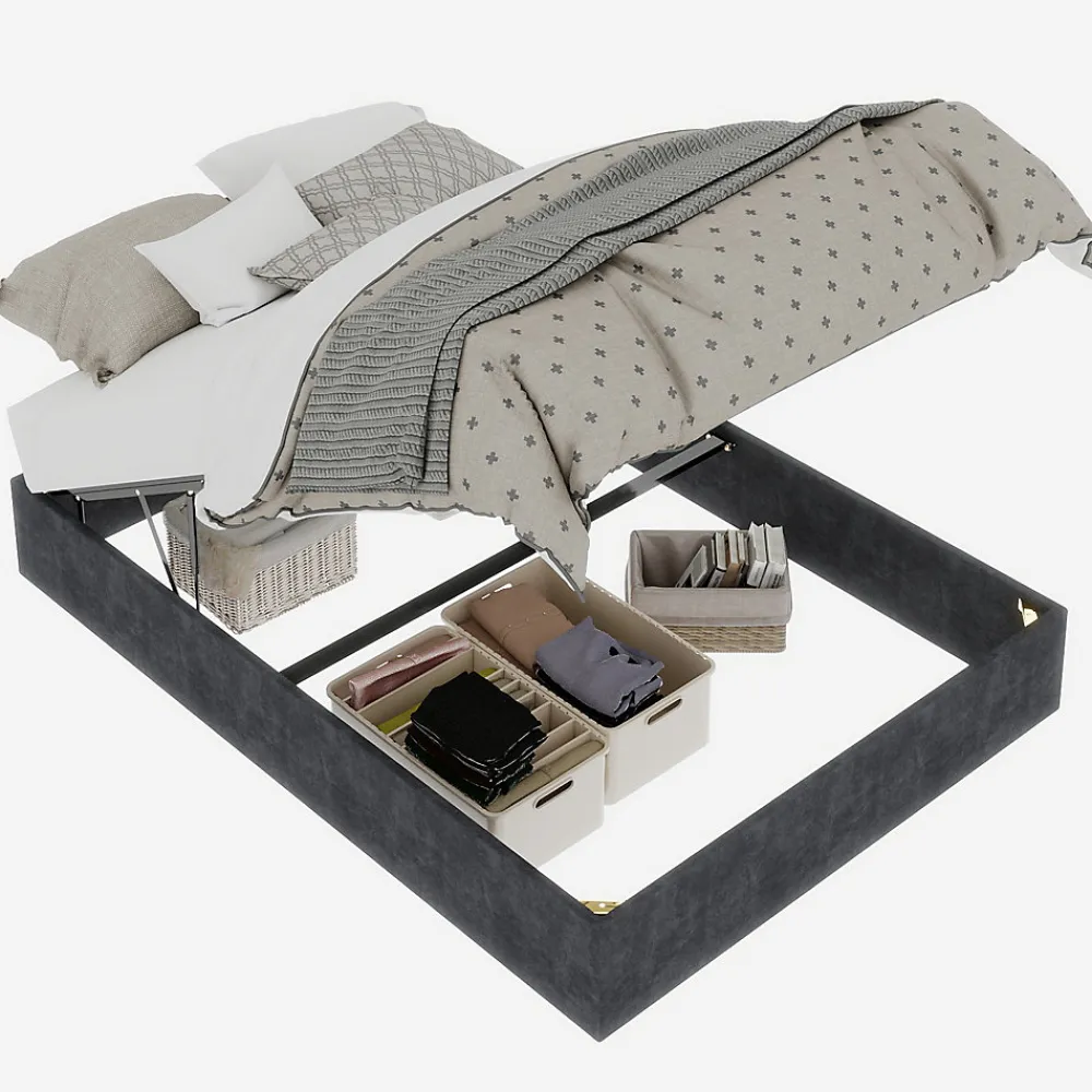 Lit Coffre Double 140x200 cm, Lit Adulte et Ado avec Vérins Hydrauliques et Coffre Intégré, Velours Hollandais Gris, Sans Matelas>Okwish